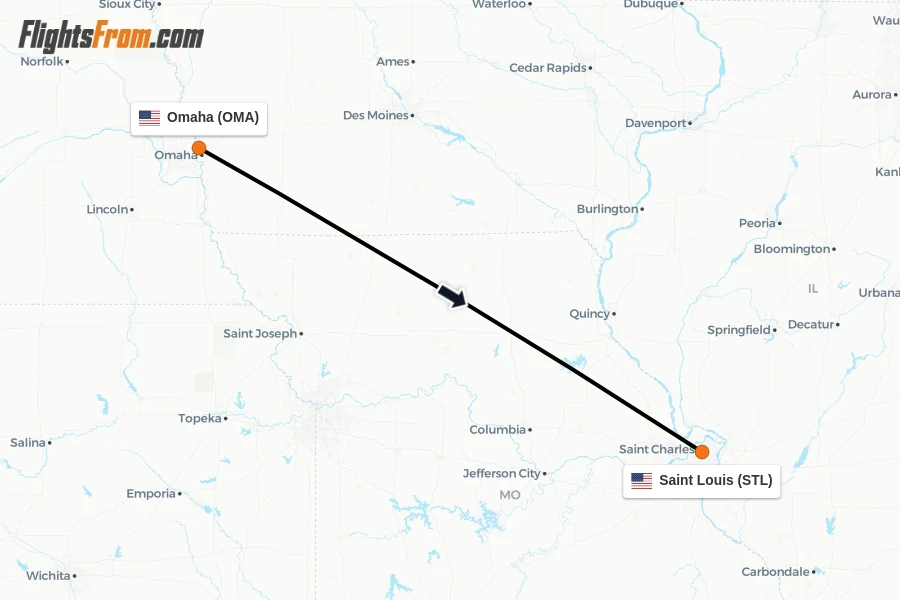 Flights from Omaha to Saint Louis route map