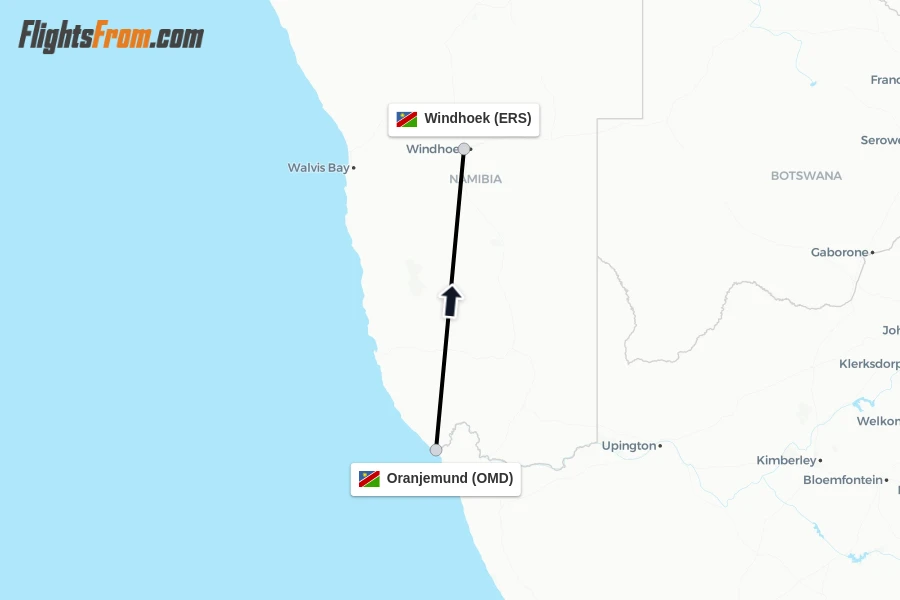 Flights from Oranjemund to Windhoek route map