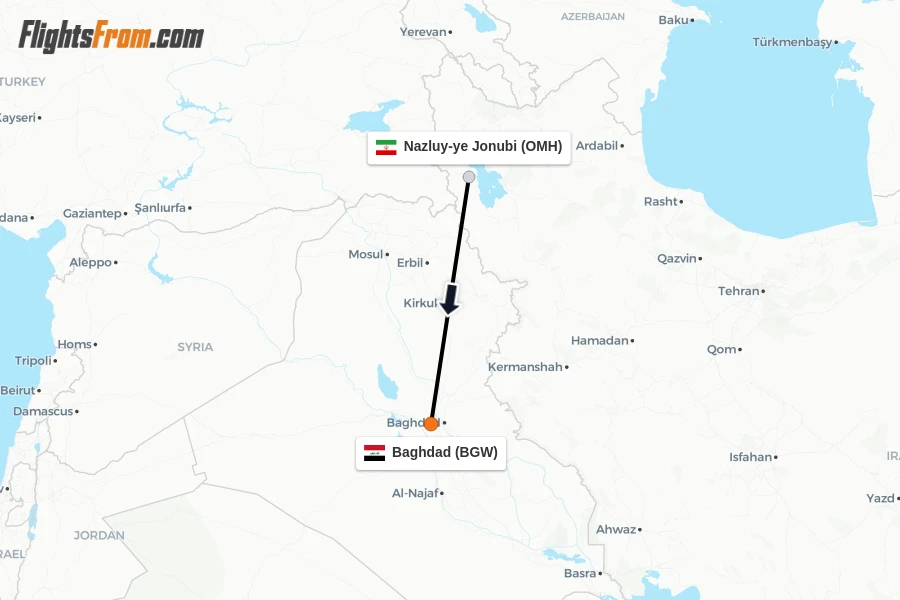 Flights from Nazluy-ye Jonubi to Baghdad route map