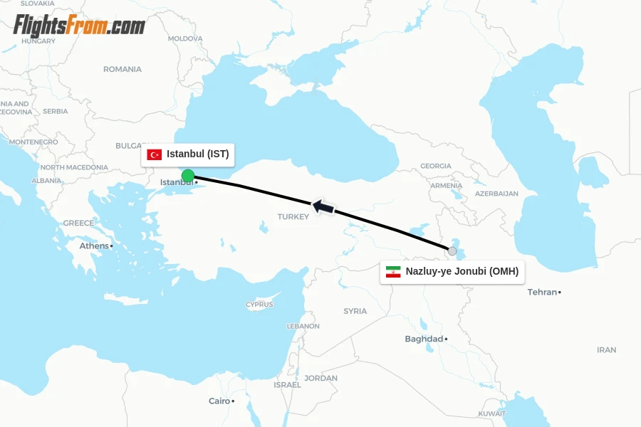 Flights from Nazluy-ye Jonubi to Istanbul route map