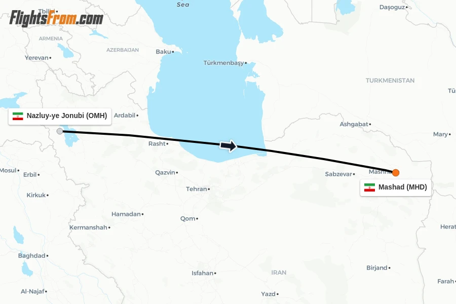 Flights from Nazluy-ye Jonubi to Mashad route map