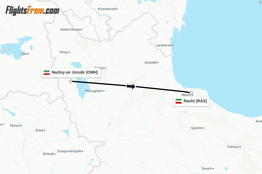 Flights from Nazluy-ye Jonubi to Rasht route map