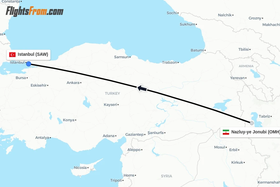 Flights from Nazluy-ye Jonubi to Istanbul route map