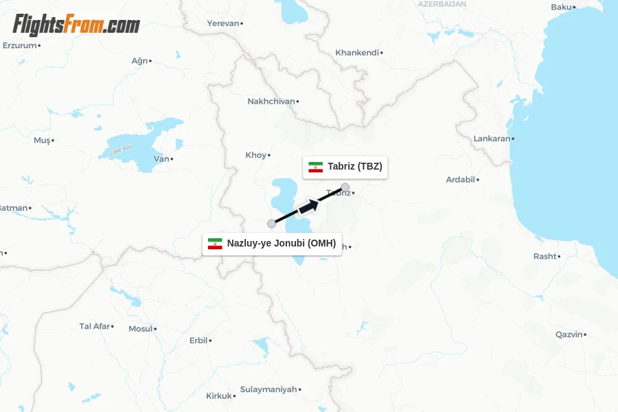 Flights from Nazluy-ye Jonubi to Tabriz route map