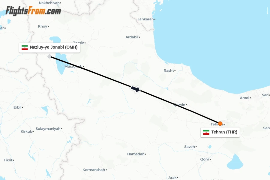 Flights from Nazluy-ye Jonubi to Tehran route map