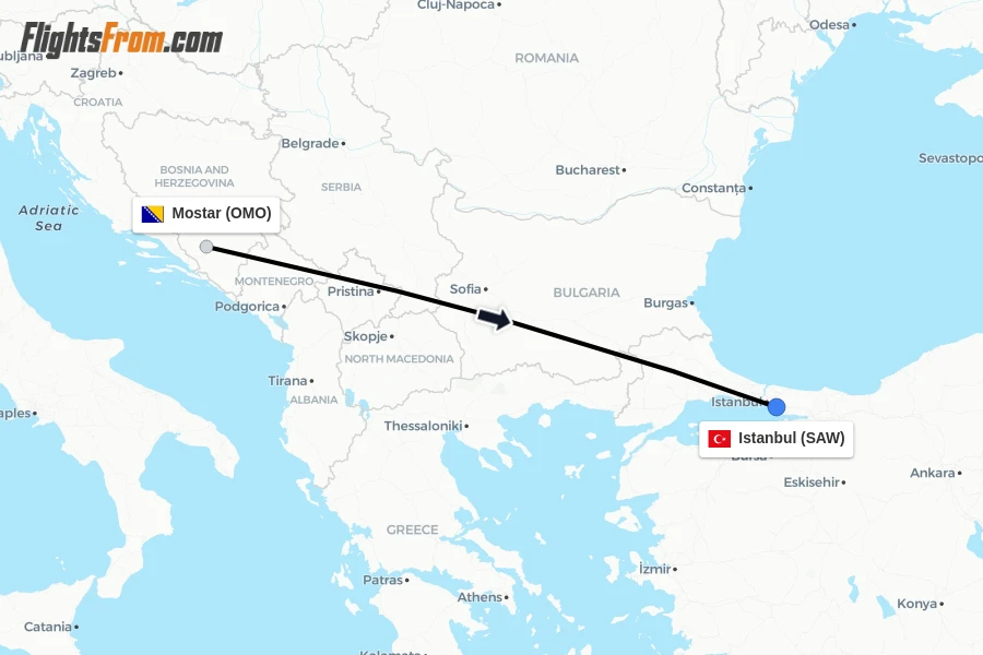 Flights from Mostar to Istanbul route map
