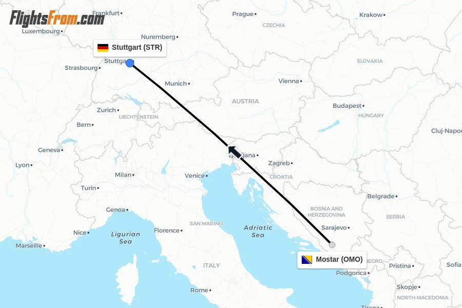 Flights from Mostar to Stuttgart route map
