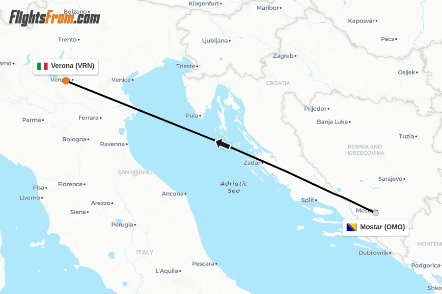 Flights from Mostar to Verona route map