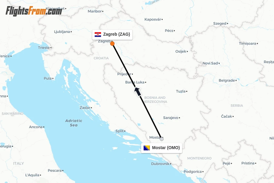 Flights from Mostar to Zagreb route map