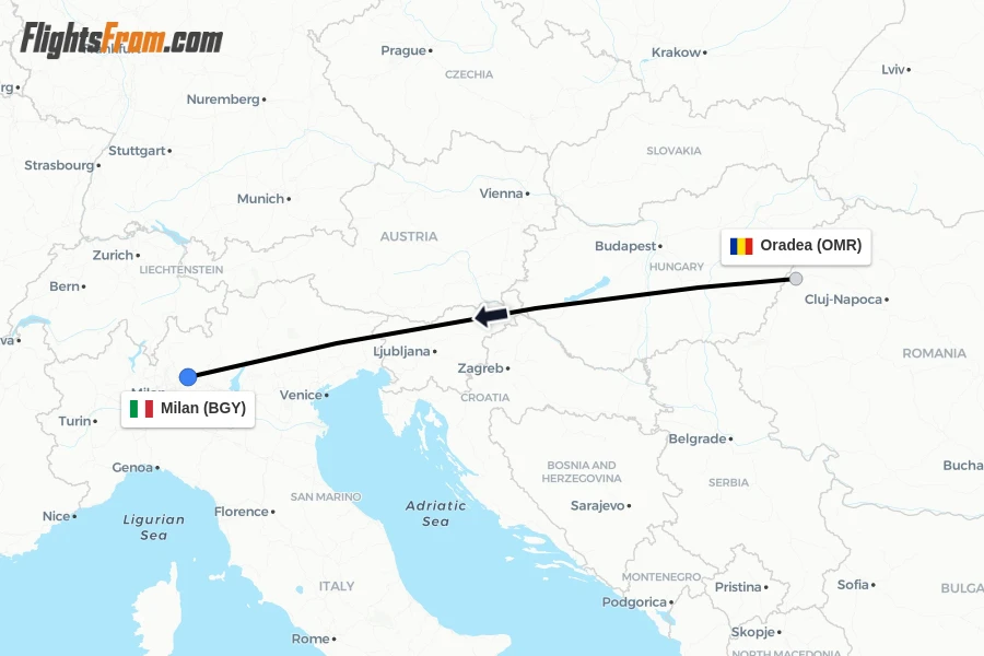 Flights from Oradea to Milan route map