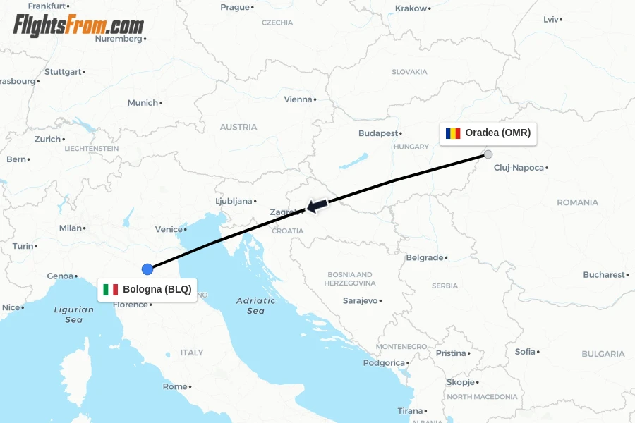 Flights from Oradea to Bologna route map
