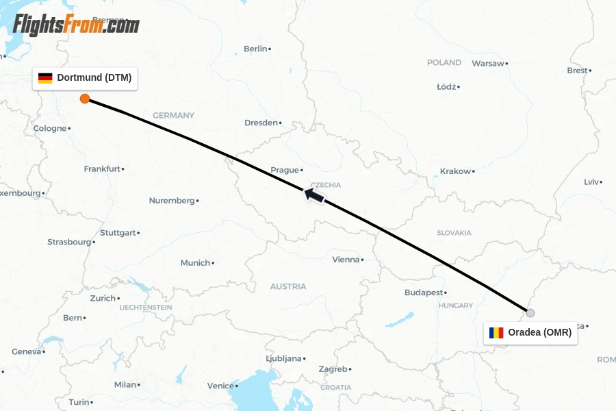 Flights from Oradea to Dortmund route map