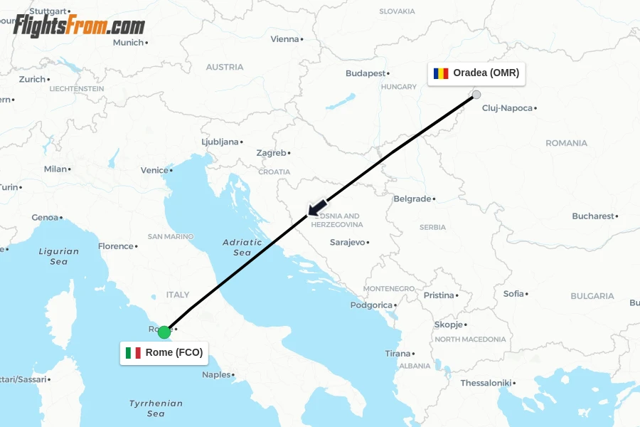 Flights from Oradea to Rome route map