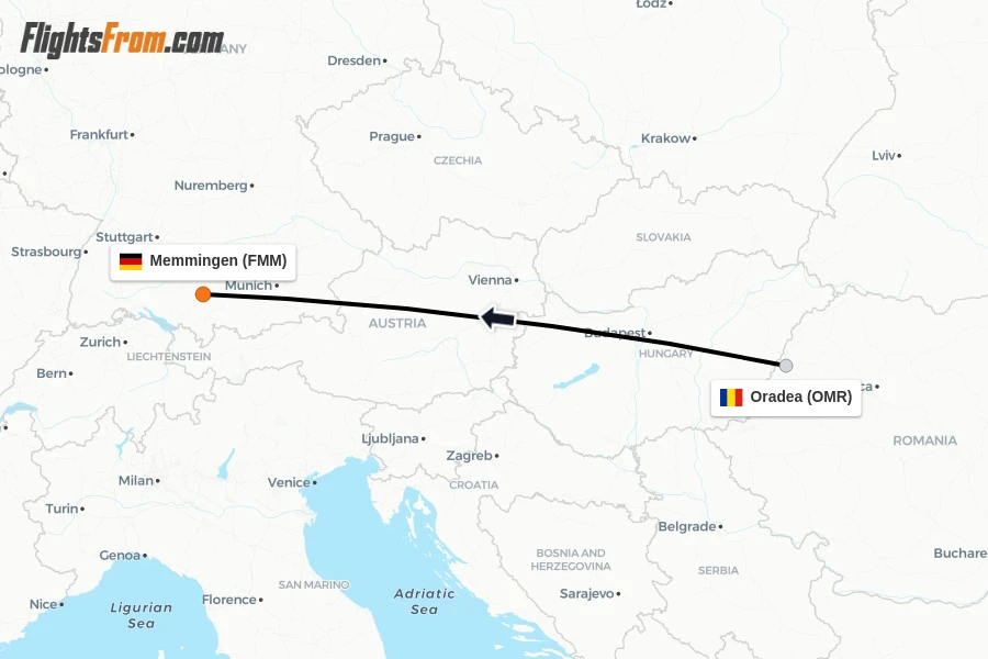 Flights from Oradea to Memmingen route map