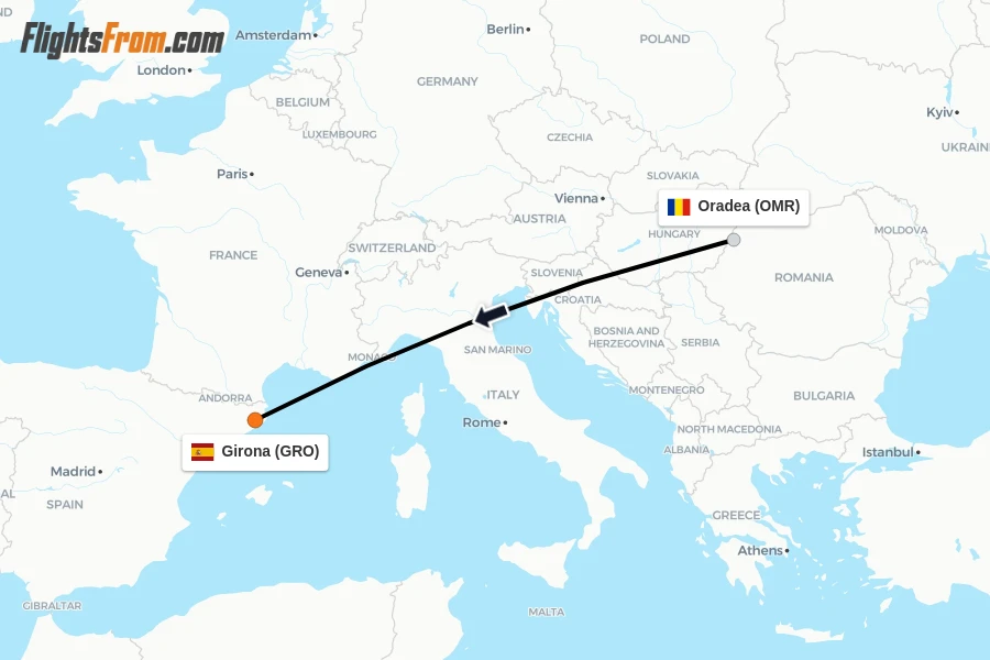 Flights from Oradea to Girona route map