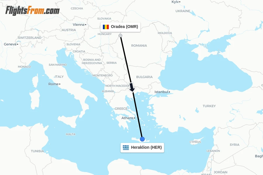 Flights from Oradea to Heraklion route map