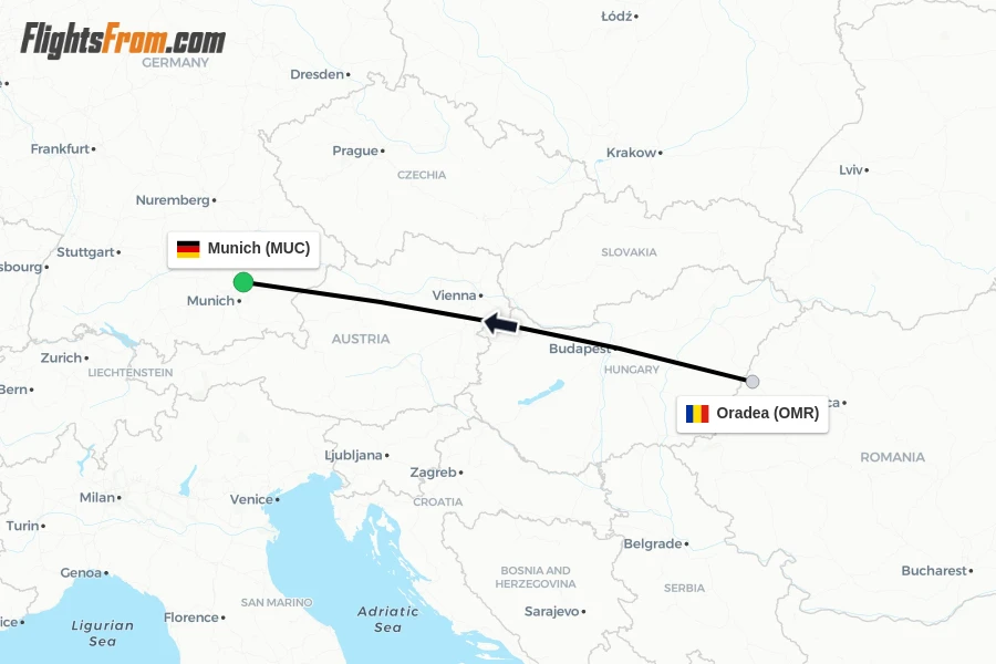 Flights from Oradea to Munich route map