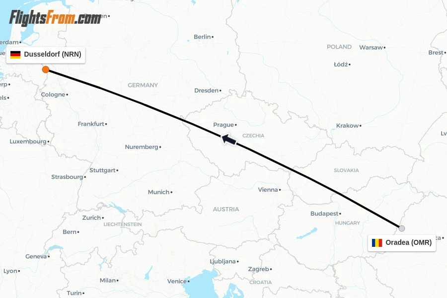 Flights from Oradea to Dusseldorf route map