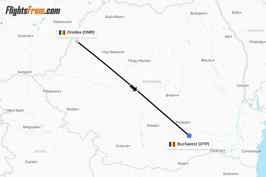 Flights from Oradea to Bucharest route map