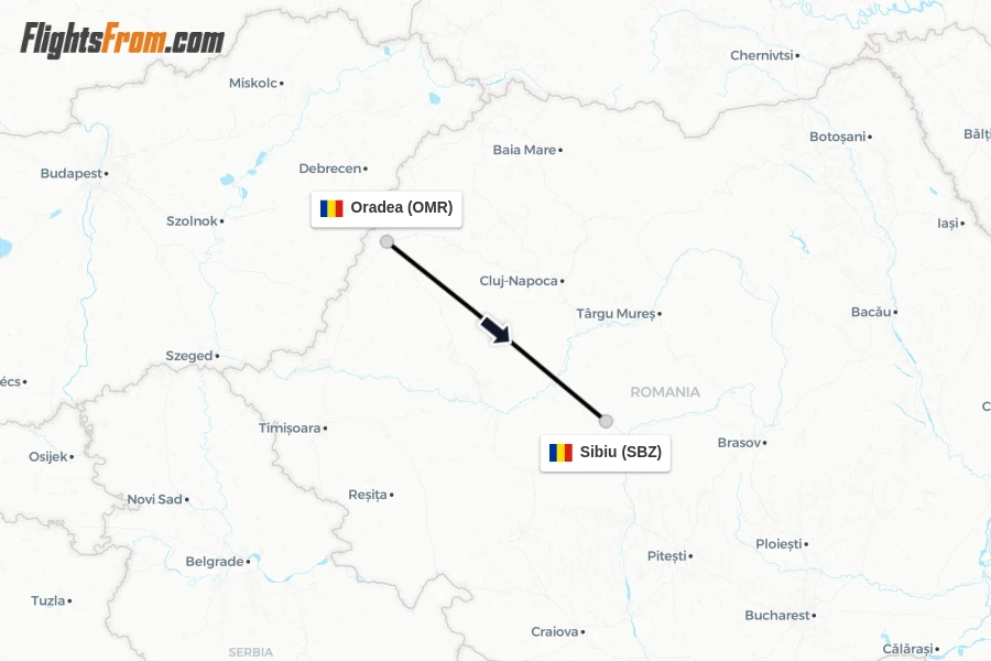 Flights from Oradea to Sibiu route map