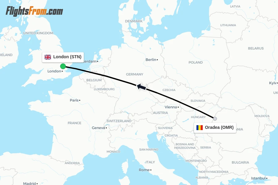 Flights from Oradea to London route map