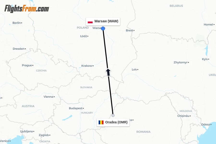 Flights from Oradea to Warsaw route map