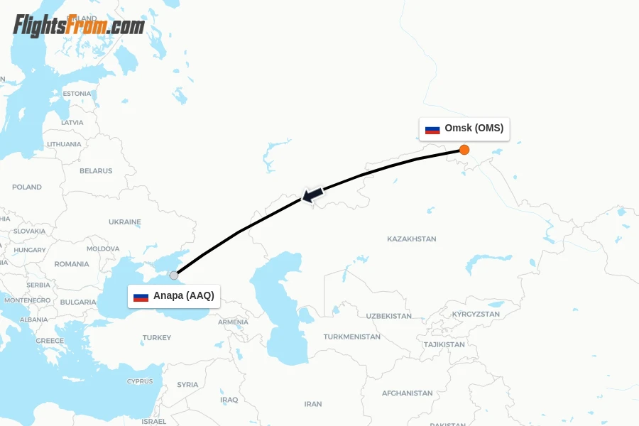 Flights from Omsk to Anapa route map