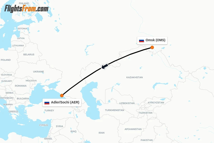 Flights from Omsk to Adler/Sochi route map
