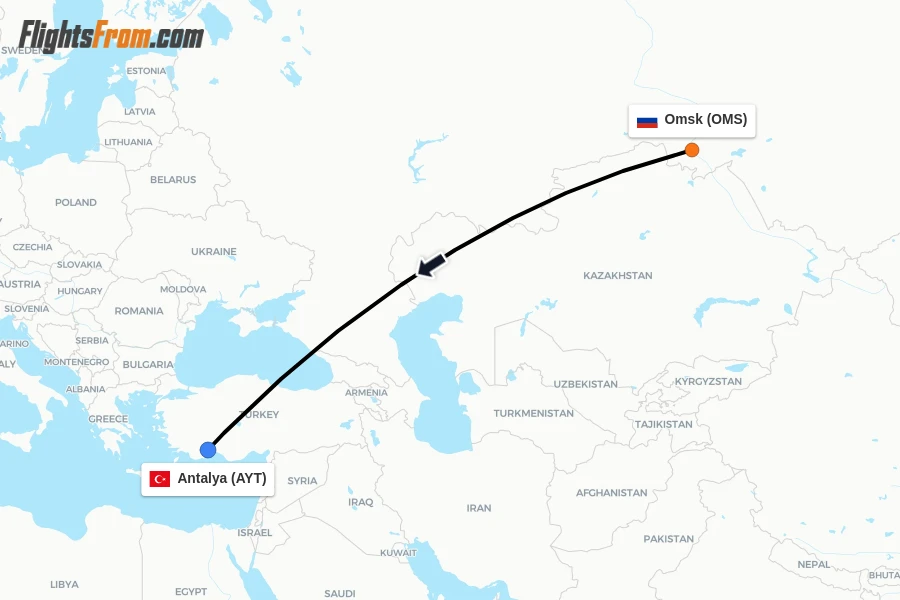 Flights from Omsk to Antalya route map