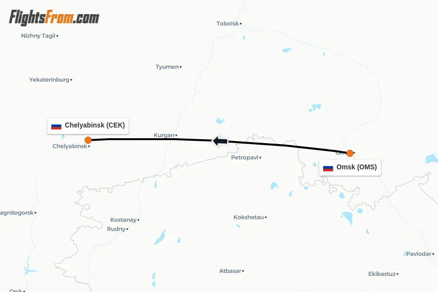 Flights from Omsk to Chelyabinsk route map