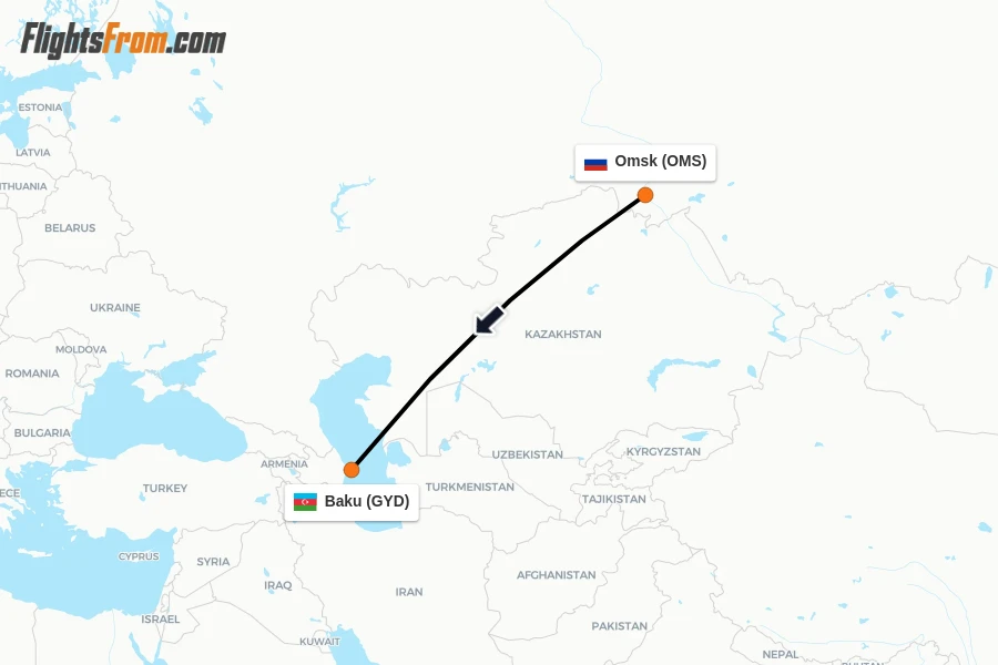 Flights from Omsk to Baku route map