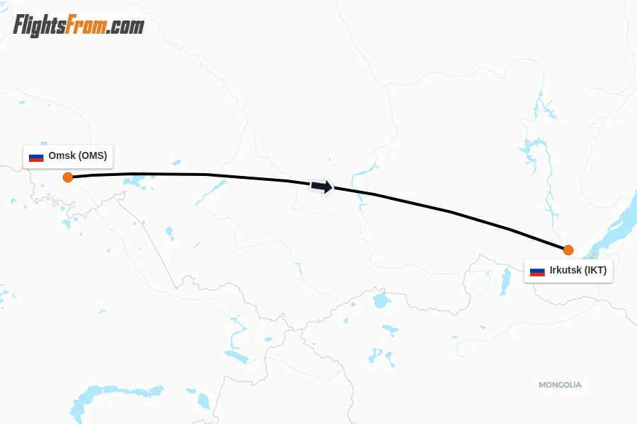 Flights from Omsk to Irkutsk route map