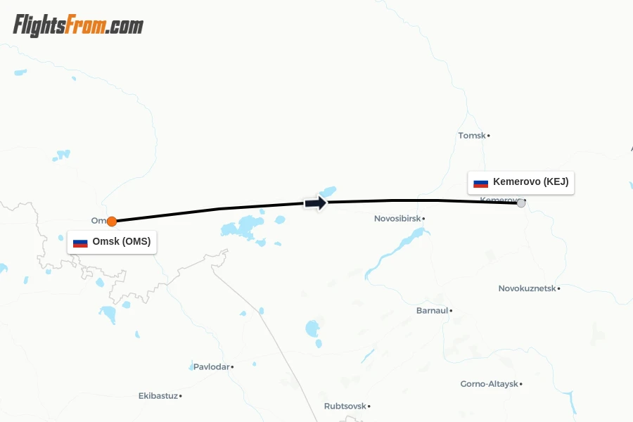 Flights from Omsk to Kemerovo route map