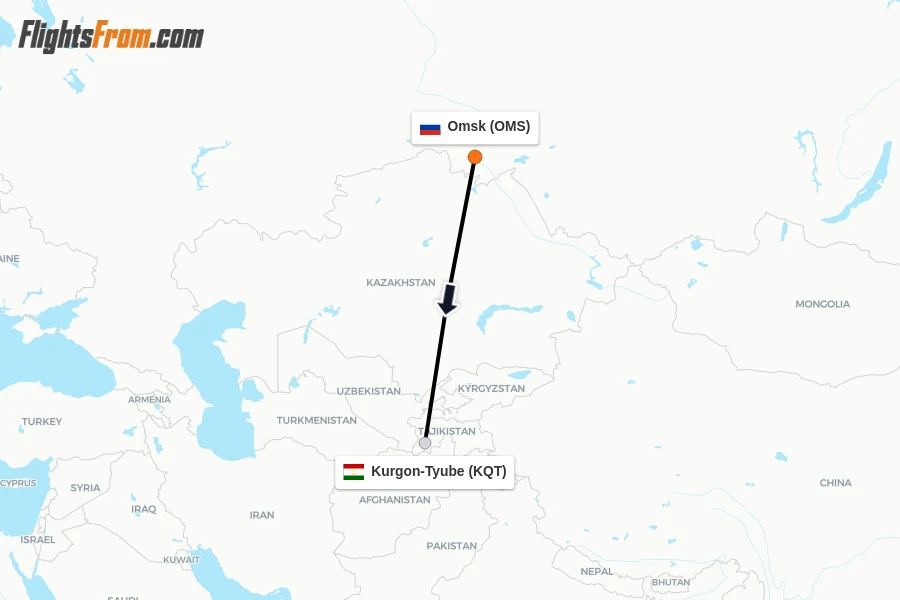 Flights from Omsk to Kurgon-Tyube route map