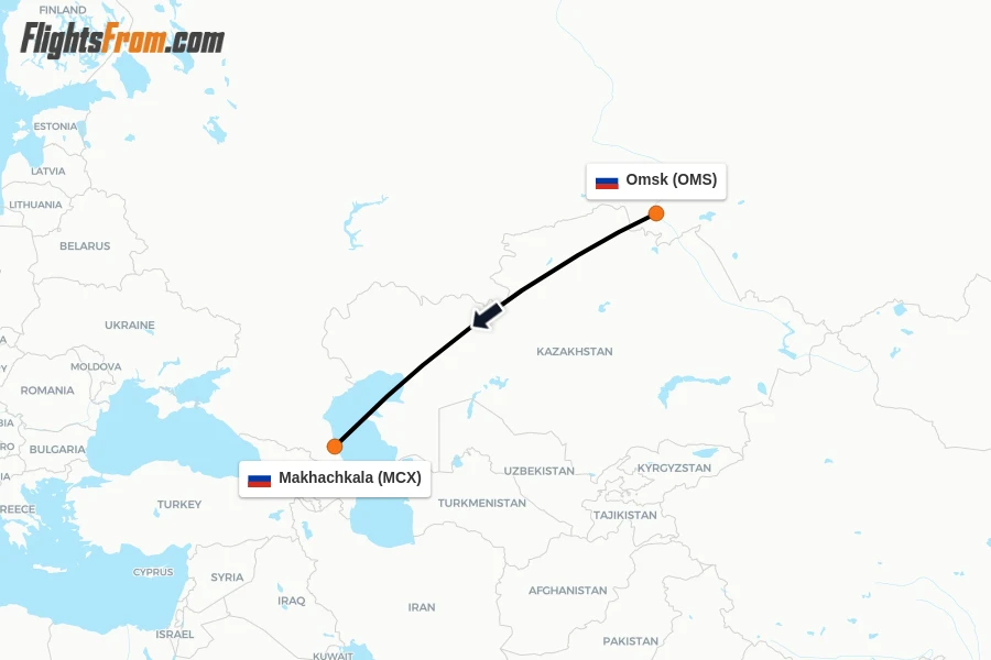 Flights from Omsk to Makhachkala route map