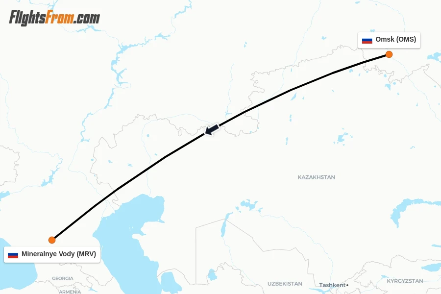 Flights from Omsk to Mineralnye Vody route map
