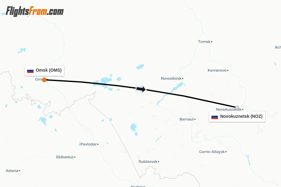 Flights from Omsk to Novokuznetsk route map