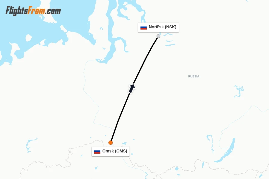 Flights from Omsk to Noril'sk route map