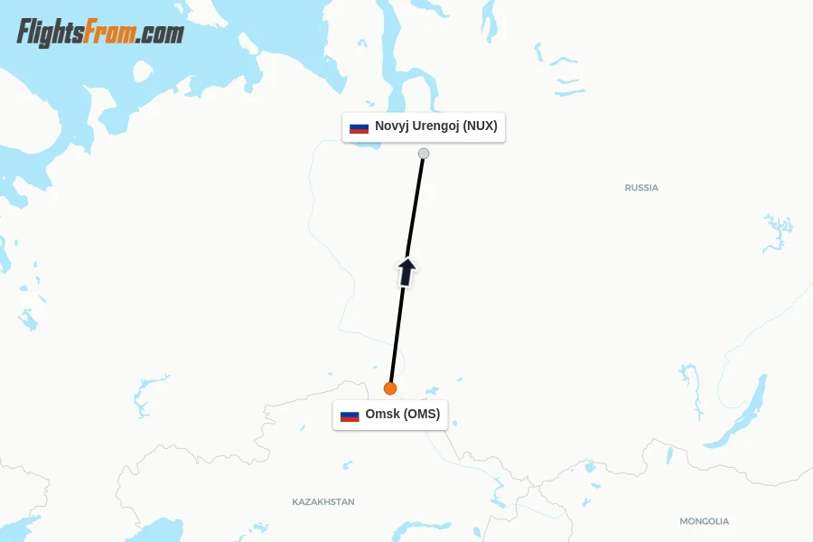 Flights from Omsk to Novyj Urengoj route map