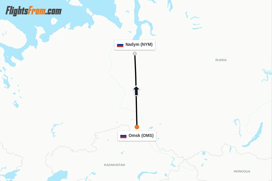 Flights from Omsk to Nadym route map