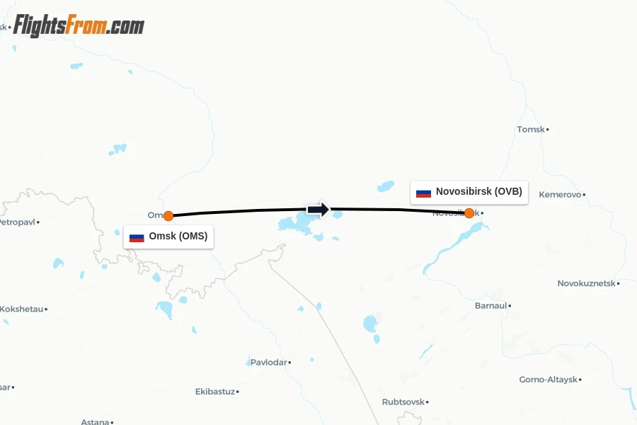 Flights from Omsk to Novosibirsk route map