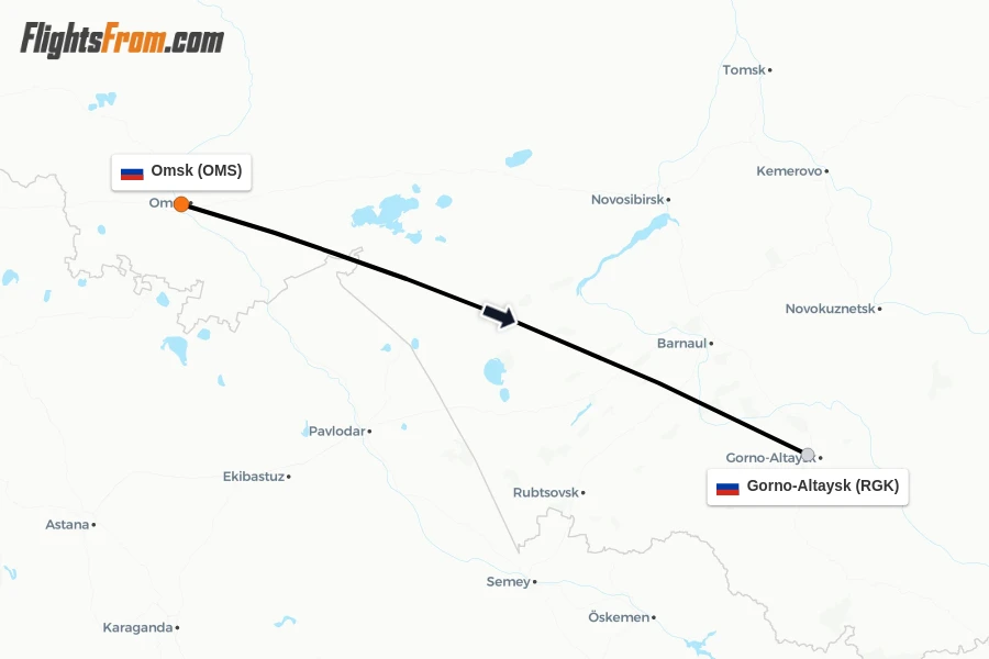 Flights from Omsk to Gorno-Altaysk route map