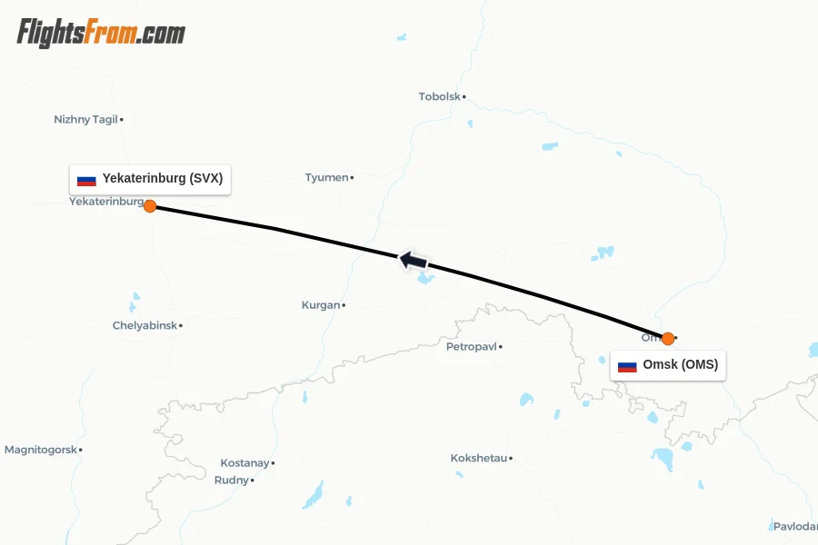 Flights from Omsk to Yekaterinburg route map
