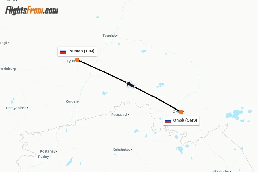 Flights from Omsk to Tyumen route map