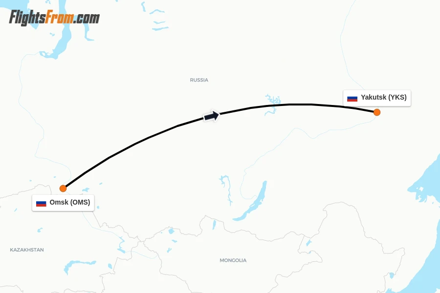 Flights from Omsk to Yakutsk route map