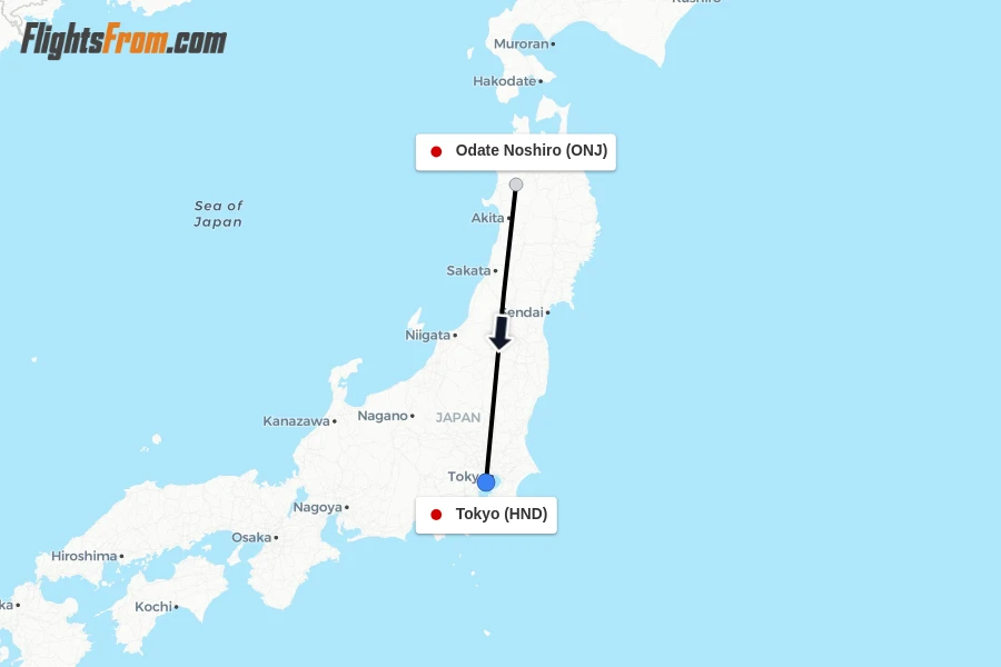 Flights from Odate Noshiro to Tokyo route map