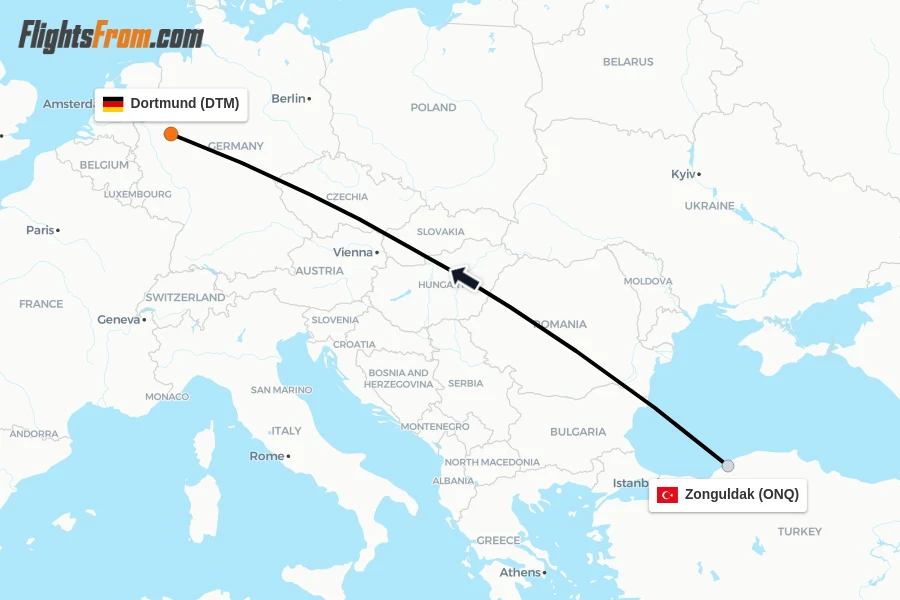 Flights from Zonguldak to Dortmund route map