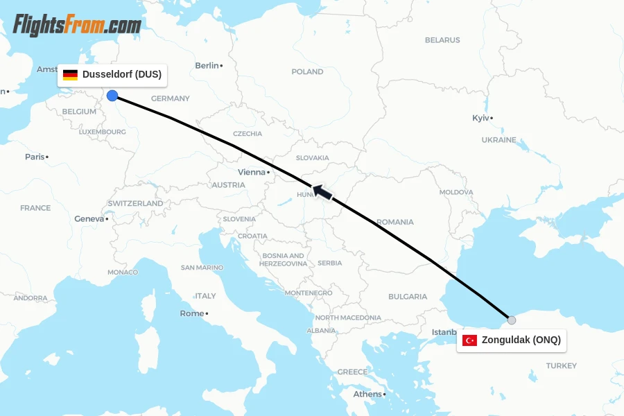 Flights from Zonguldak to Dusseldorf route map