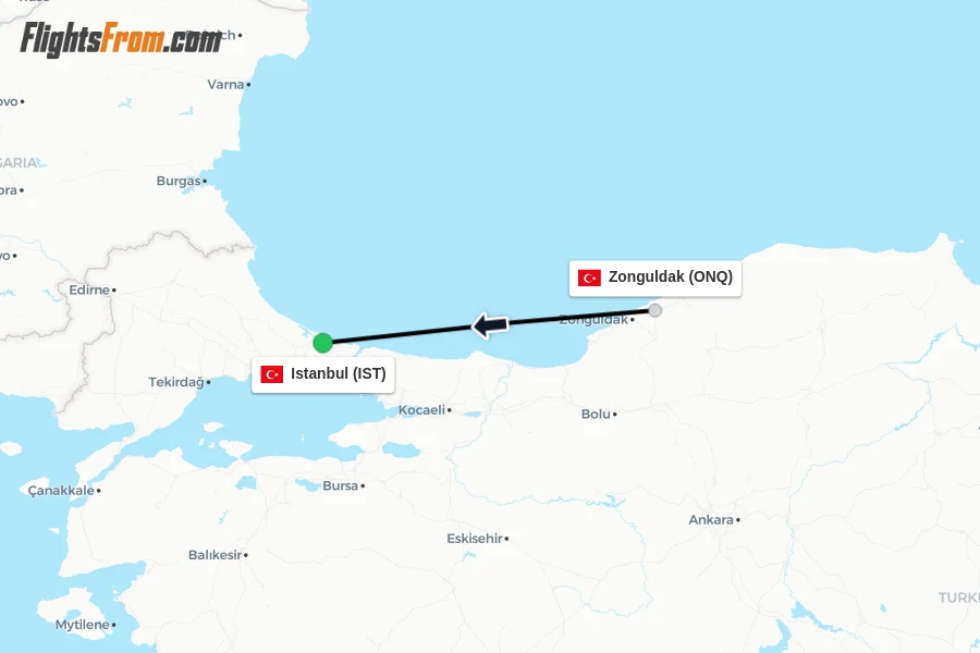 Flights from Zonguldak to Istanbul route map