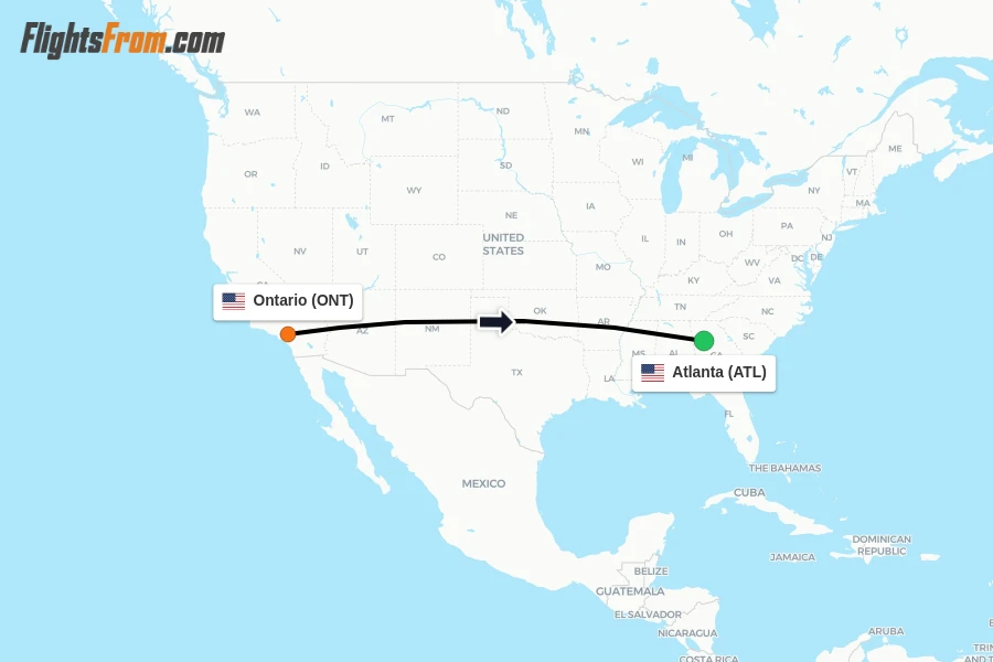 Flights from Ontario to Atlanta route map